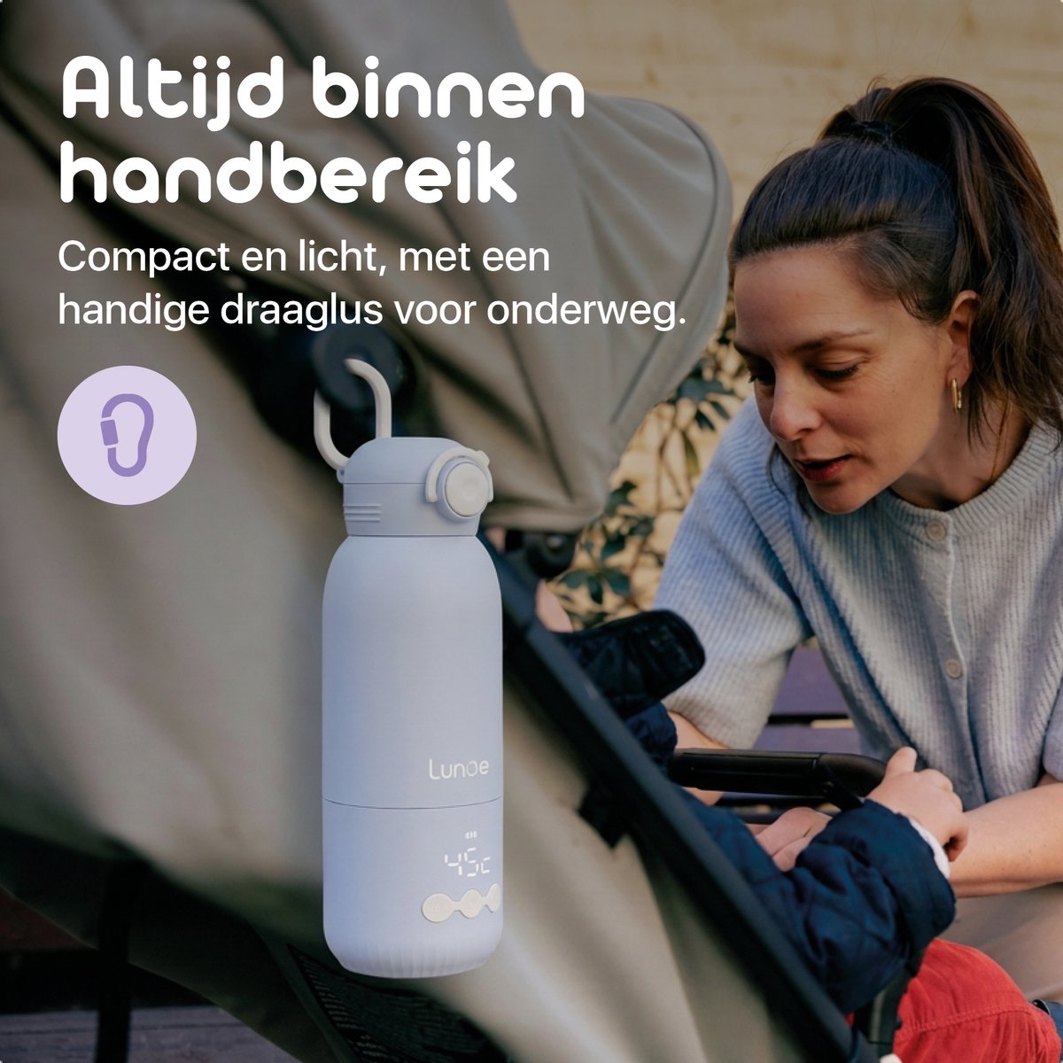 Draagbare Lunae flessenwarmer onderweg