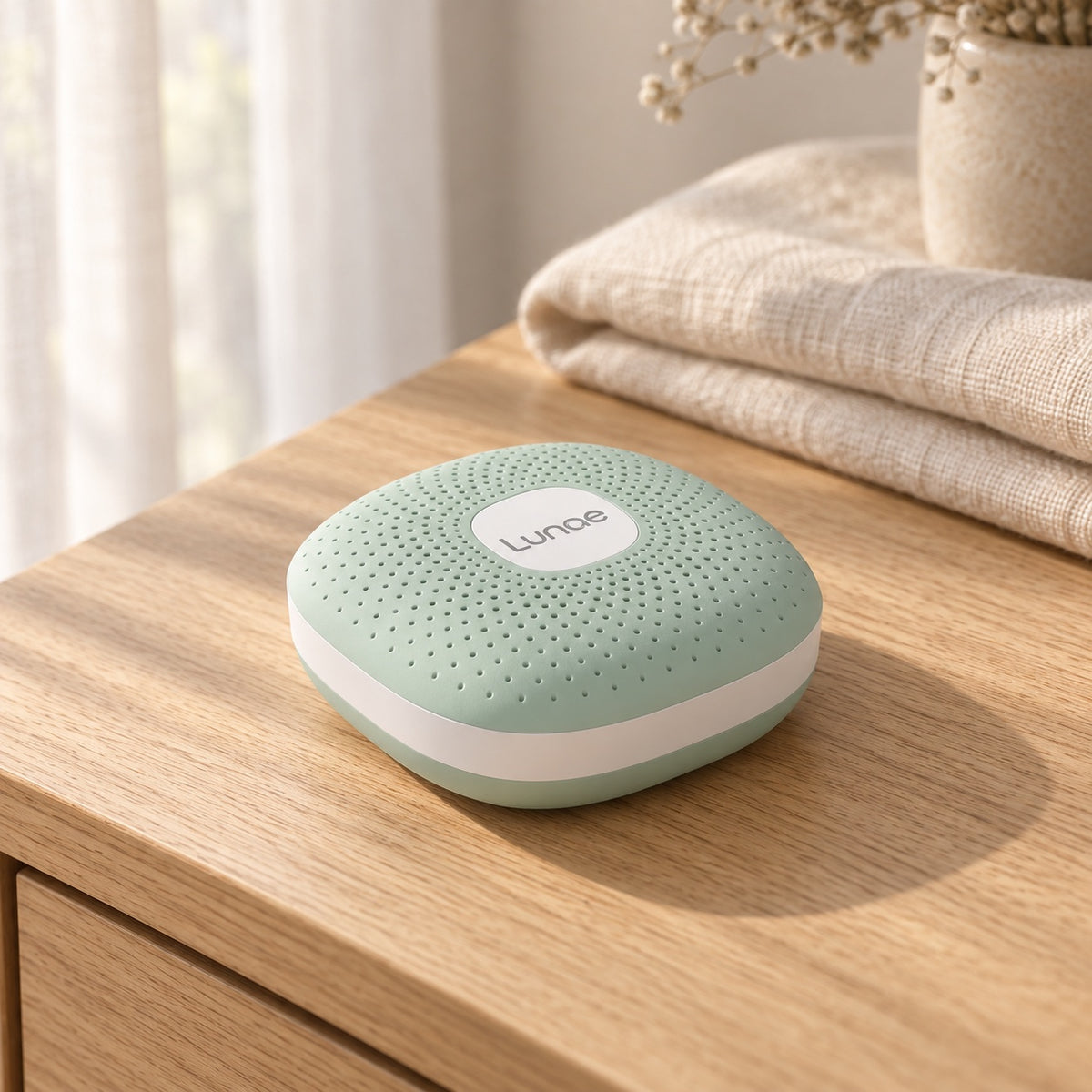 Detail van het mintgroene Lunae white noise apparaat op een eiken dressoir