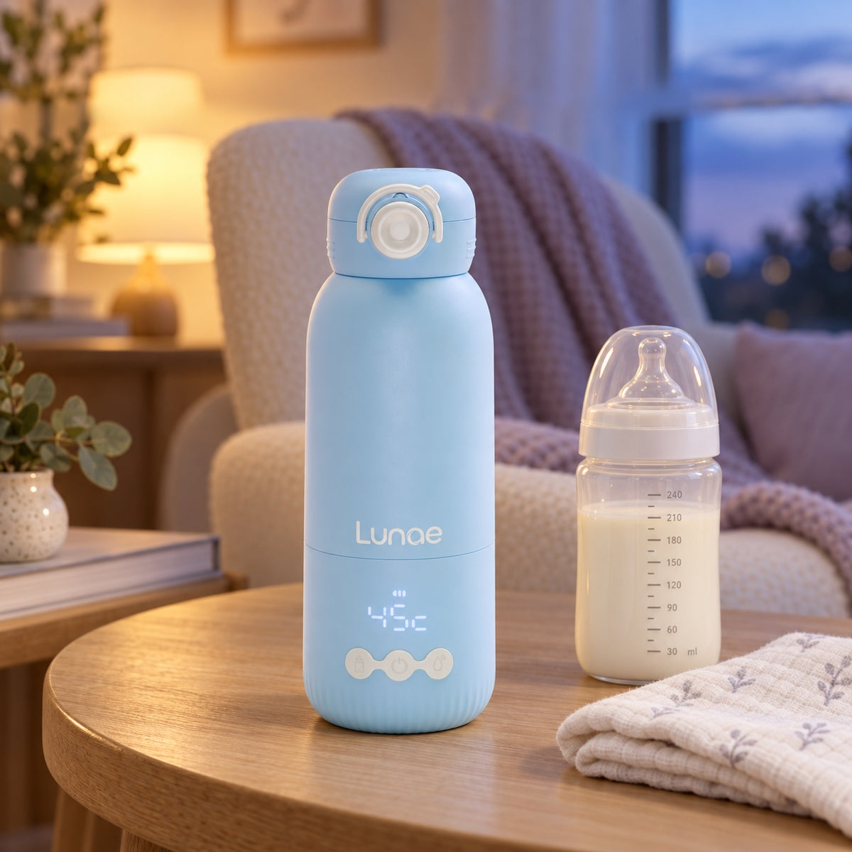 Lunae flessenwarmer naast een babyfles in een rustige avondsetting
