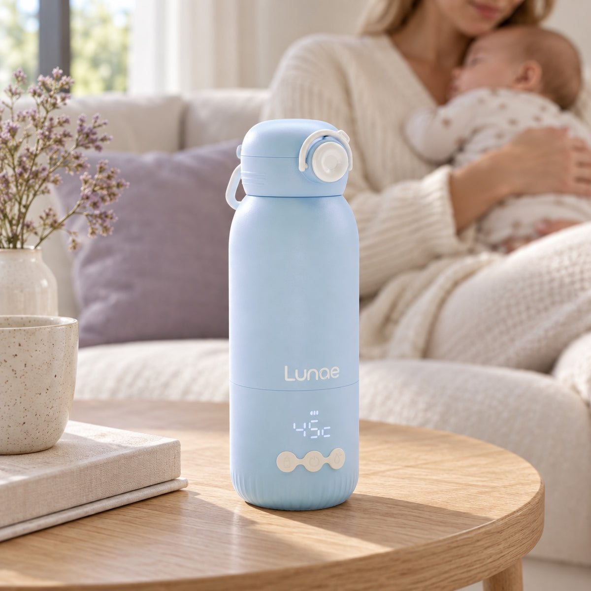 Lunae flessenwarmer thuis met ouder en baby op de achtergrond